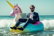 © Michael - Businessman wearing suit and sunglasses using laptop while floating on inflatable unicorn in ocean, enjoying work-life balance