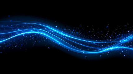 Abstract futuristic background with blue glowing lines and dots, light trails on a black background. Big data visualization concept with a digital particle stream in motion .