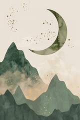 Wall Mural - A minimalist illustration of the moon and earth, with green mountains in between, in beige tones, with gold accents.
