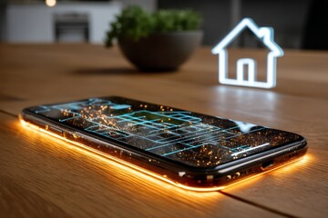 Wall Mural - a phone is lit up with a glowing screen and a house is in the background