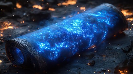 Wall Mural - indigo flames lick at the edges of a scroll of forgotten lore