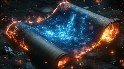Wall Mural - indigo flames lick at the edges of a scroll of forgotten lore
