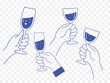 © Sk - Cheers celebration line art featuring four hands clinking wine glasses in minimalist blue style, perfect for festive invitations, party graphics, and New Year’s or wedding-themed designs.
