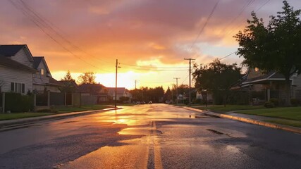 Aufkleber - A sunset reflecting on wet pavement in a quiet street.

