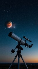 telescope observing red planet and stars in night sky. astronomy equipment for space exploration. sc
