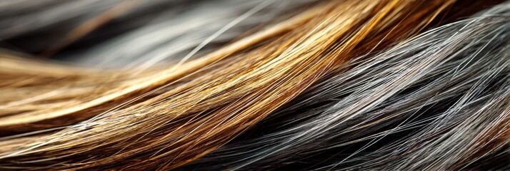 Aufkleber - Close-up View of Shiny Hair Strands Showcasing Highlights Against a Soft Blurred Background in a Serene Setting