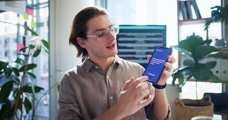 Face, business or man with presentation, smartphone and proposal for live streaming. Show, person or app developer in office, phone screen or user experience with software update or review progress
