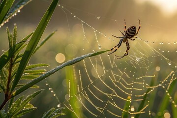 Colorful Spider on Dewy Web at Sunrise – Macro Insect Photography in Nature