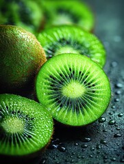 Aufkleber - Close-up View of Sliced Kiwi Fruit Showcasing Vibrant Green Color and Distinctive Seeds