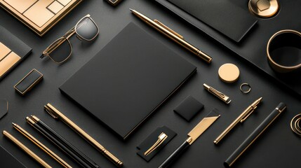 black and gold luxury office stationery set