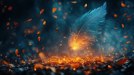 Wall Mural - teal feathers fall from the wings of a bird made of pure light