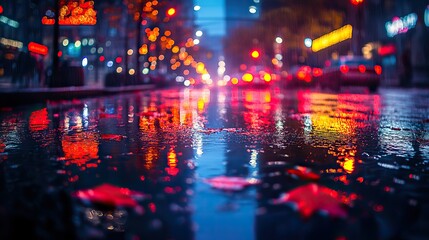 Wall Mural - the shimmering reflection of city lights on a wet street at night