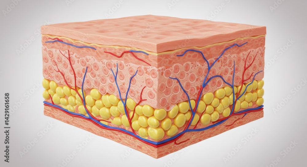 Anatomical cross-section of human skin showing epidermis dermis and ...