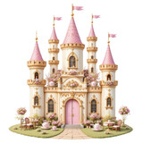 Fairytale Pink Castle with Tea Party Scene Magical Princess Castle Illustration