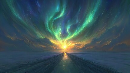 Wall Mural - A breathtaking aurora borealis spectacle over a frozen landscape road at sunset