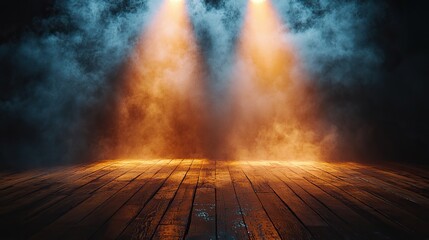 Wall Mural - two spotlights illuminate a wooden floor in a dark, smoky room, a perfect background for products or