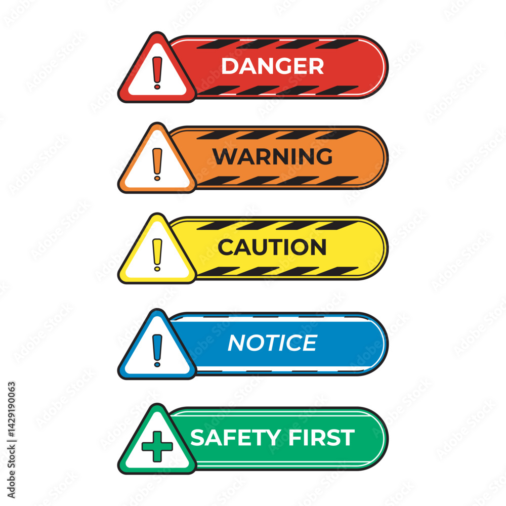 Color-coded safety signs set: Danger, Warning, Caution, Notice, and ...