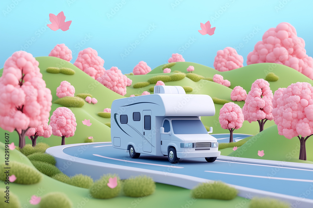 Cartoon icon of an RV driving down a road surrounded by spring maple ...
