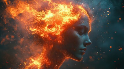 Wall Mural - vivid portrayal of intense stress- a person's head explodes with fiery energy, symbolizing burnout a
