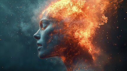Wall Mural - vivid portrayal of intense stress- a person's head explodes with fiery energy, symbolizing burnout a