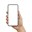 © Pixora - Hand holding smartphone device png, mobile phone with white screen isolated on transparent background