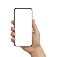 hand holding smartphone device png, mobile phone with white screen isolated on transparent backgroun