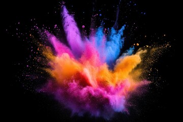 Vibrant explosion of colored powder creates a stunning abstract display against a black background