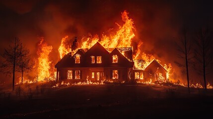 Wall Mural - wildfire rages through a house at night, a striking scene of destruction underscoring the devastatin