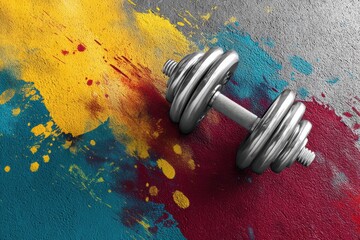 Poster - Clean Dumbbell Hovers Over Vibrant Paint Splash Background in Dynamic Fitness Composition