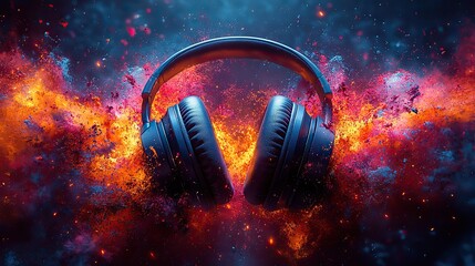 Wall Mural - wireless headphones surrounded by an explosion of vibrant paint splatters create a dynamic visual of
