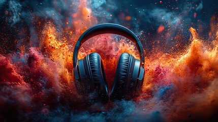 Wall Mural - wireless headphones surrounded by an explosion of vibrant paint splatters create a dynamic visual of