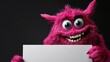 © mila103 - A playful pink furry creature with big round eyes and a wide grin stands in a dark setting holding a blank sign. The soft lighting highlights its vibrant color and fluffy texture
