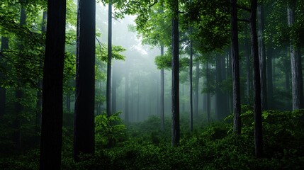 Wall Mural - in the early morning, fog gently blankets a dense forest. towering trees rise amidst vibrant greener