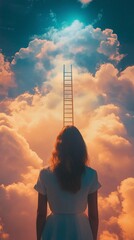 a woman stands before a celestial scene with a ladder reaching into the clouds, symbolizing hope, am