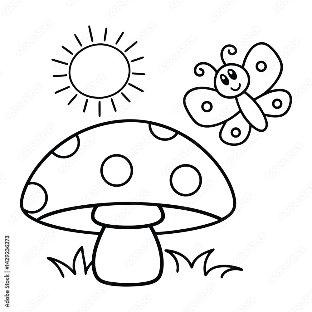 Cartoon Outdoor Scene with Mushroom, Butterfly, Sun, and Cloud Illustrations