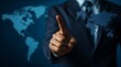 © lime - Businessman Touching Digital Screen Displaying World Map for International Business Market Concept, Set Against Deep Blue Background.Generative AI