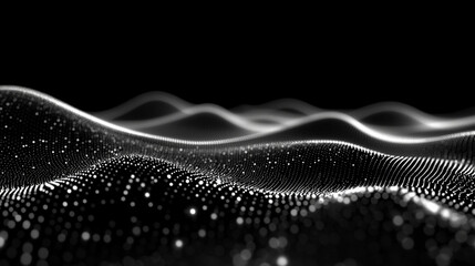 Abstract digital wave of particles flows across a dark background, symbolizing futuristic technology, data movement, AI intelligence, and the interconnected fabric of modern communication systems.


