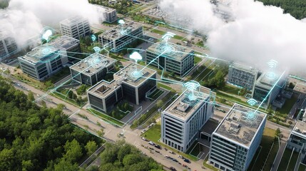 Aerial View of Contemporary Business Campus with Cloud Icons