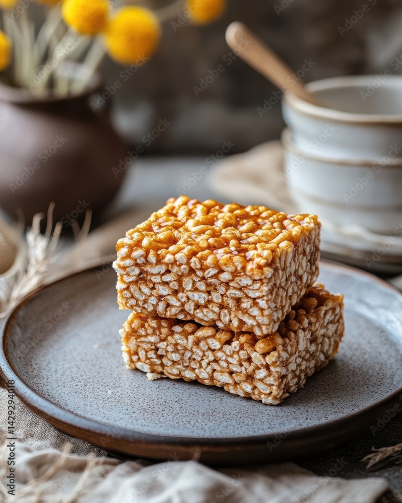 Sweet Square Rice Cakes Crispy rice cake square made with puffed rice and syrup served on ...