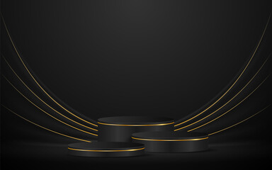 Poster - Black podium with elegant gold lines for the best awards or product display. stage or podium. vector illustration