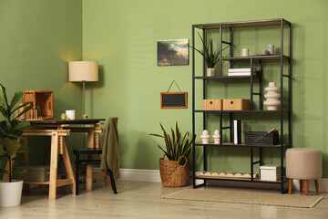 Aufkleber - Stylish living room with wooden shelving unit. Interior design