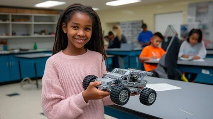 Wall Mural - a girl showcasing her robotic cart at a stem event