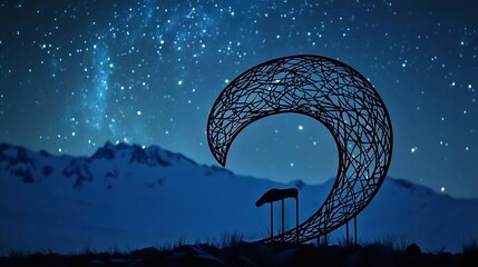 Wall Mural - a crescent sculpture with a flag in the foreground and a starry night sky in the background