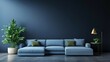 © Ruby - Modern minimalist living room interior with light blue fabric sectional sofa accentuated by dark green pillows, stylish gold lamp, lush potted plant, sleek side table and polished