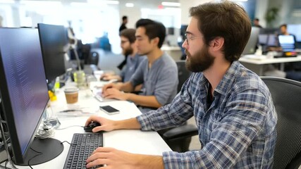 Cutting-edge software developers collaborating in a modern tech workspace.