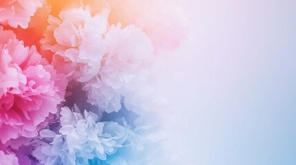 Wall Mural - close-up of vibrant flowers against white-pink backdrop, with a captivating blue sky in the backdrop