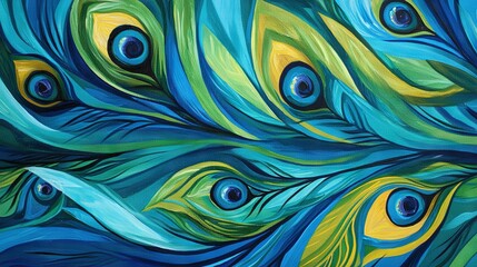 Wall Mural -   A close-up of a painting featuring peacock feathers in hues of blue, green, yellow, and white