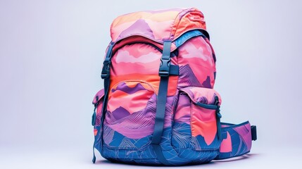 pink travel backpack with digital abstract graphics, padded shoulder straps, and spacious storage op
