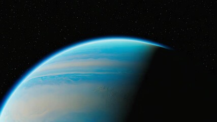 Wall Mural - Atmospheric gas giant planet view from space with dark area of shadow and bright stars in background