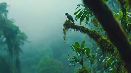 Wall Mural -   Bird perched on forest tree branch amidst lush greenery